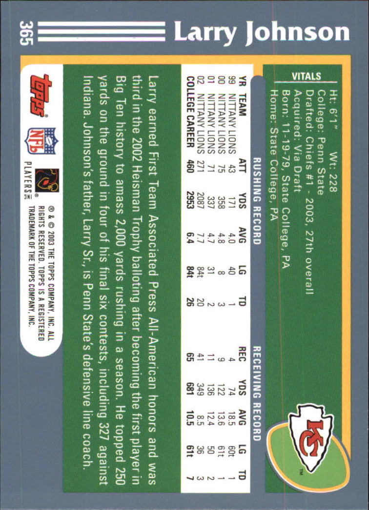 2003 Topps #365 Larry Johnson RC back image