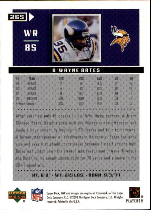 2003 Upper Deck MVP #265 D'Wayne Bates back image