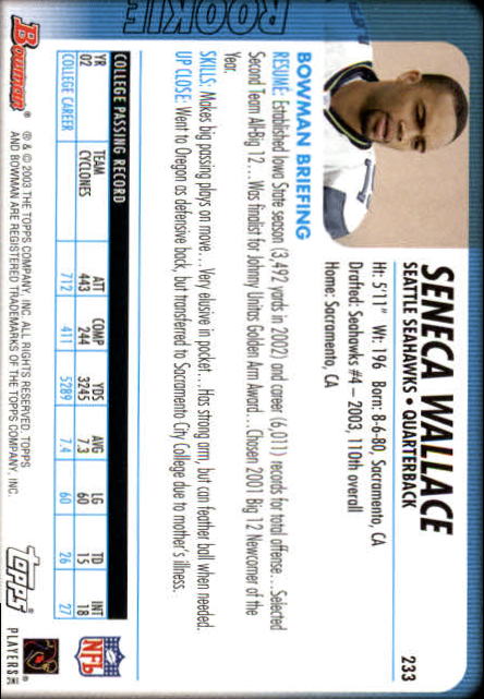 2003 Bowman #233 Seneca Wallace RC back image