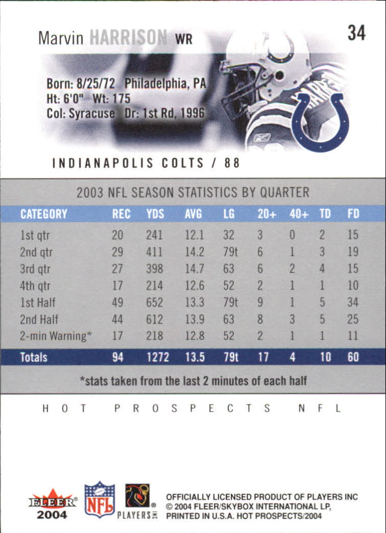 2004 Hot Prospects #34 Marvin Harrison back image