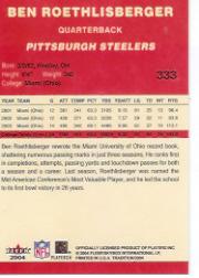 2004 Fleer Tradition #333 Ben Roethlisberger RC back image