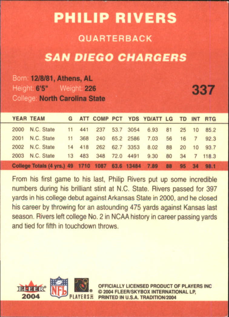 2004 Fleer Tradition #337 Philip Rivers RC back image