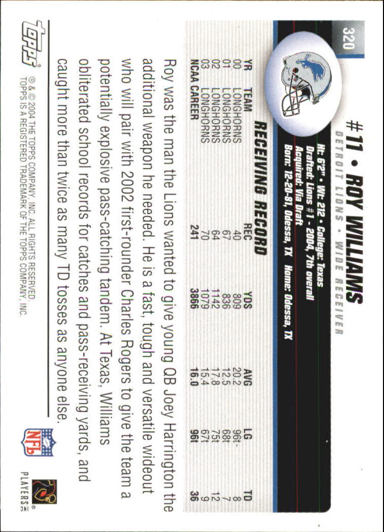 2004 Topps #320 Roy Williams RC back image