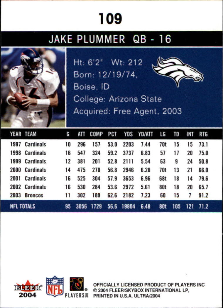 2004 Ultra #109 Jake Plummer back image