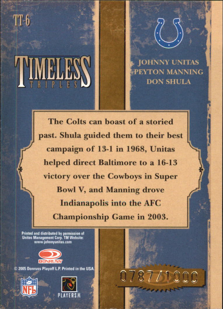 2005 Donruss Classics Timeless Triples Bronze #6 Johnny Unitas/Peyton Manning/Don Shula back image