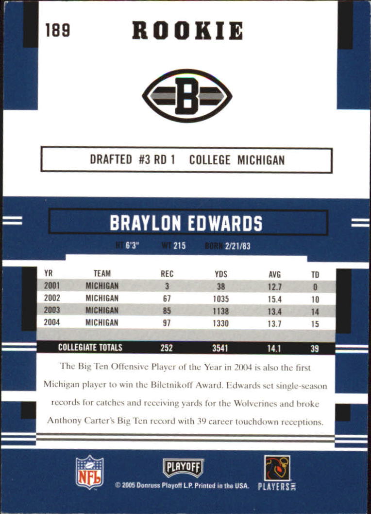 2005 Playoff Prestige #189 Braylon Edwards RC back image