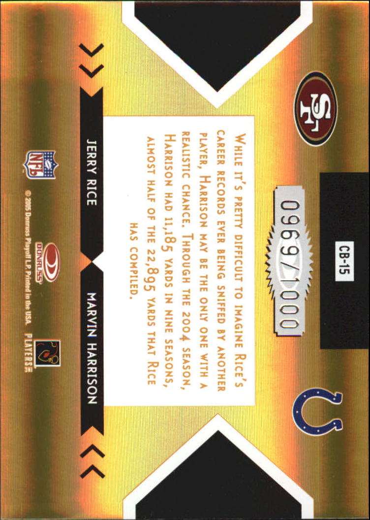 2005 Donruss Elite Face 2 Face Gold #CB15 Jerry Rice/Marvin Harrison back image