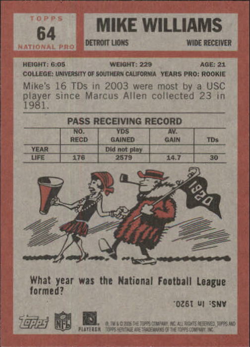 2005 Topps Heritage #64A Mike Williams back image
