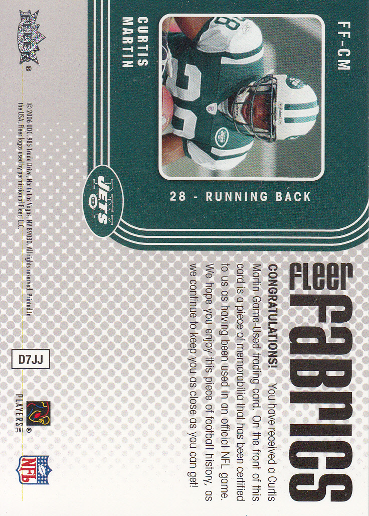 2006 Fleer Fabrics #FFCM Curtis Martin back image