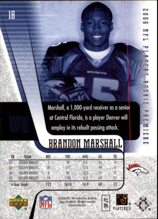 2006 Upper Deck Rookie Premiere #18 Brandon Marshall back image