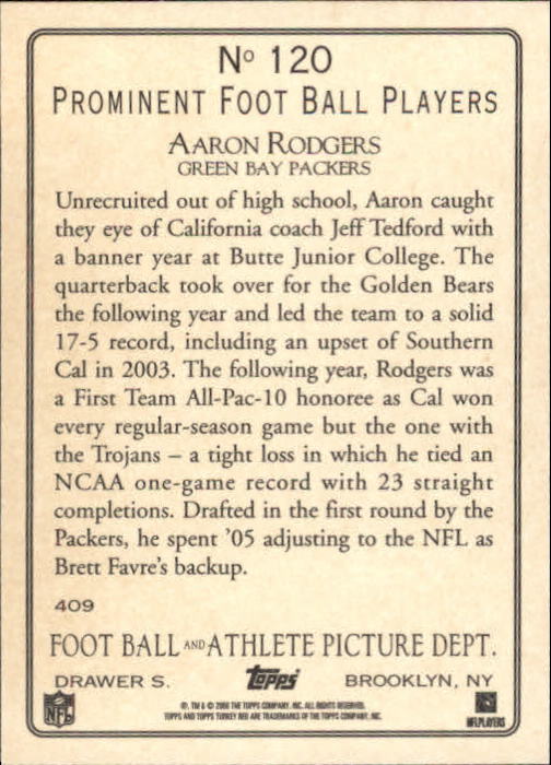 2006 Topps Turkey Red #120 Aaron Rodgers back image