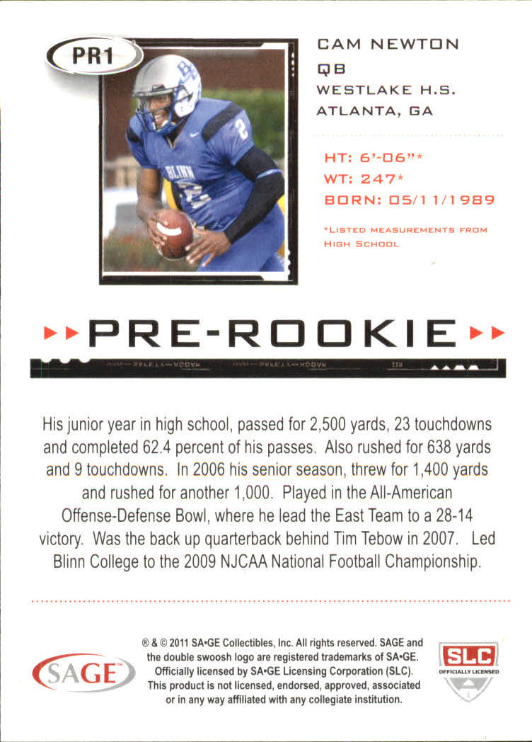 2011 SAGE HIT Pre-Rookie #PR1 Cam Newton back image