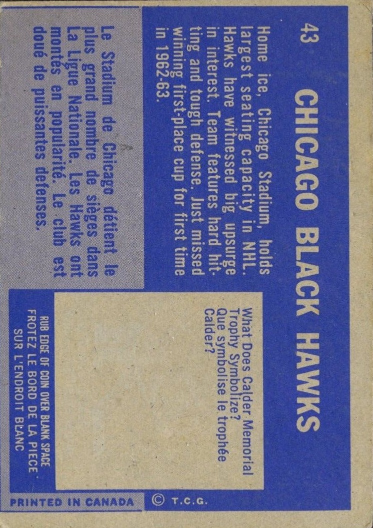 1963-64 Topps #43 Blackhawks Team back image