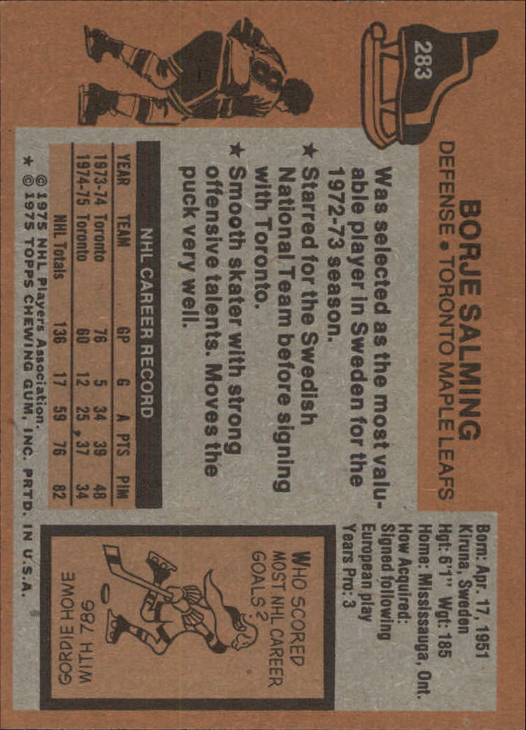 1975-76 Topps #283 Borje Salming back image
