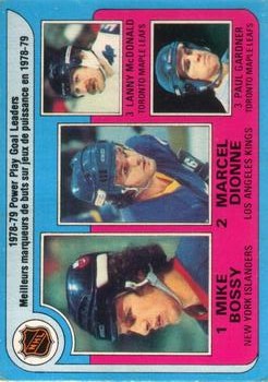 1979-80 O-Pee-Chee #5 Power Play/Goal Leaders/Mike Bossy/Marcel Dionne/Paul Gardner/Lanny McDonald