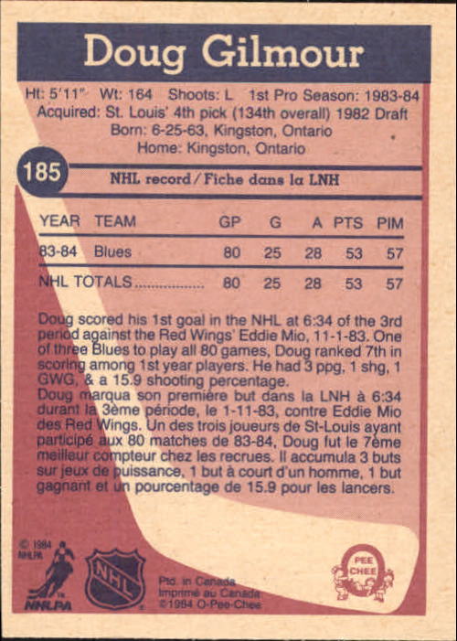 1984-85 O-Pee-Chee #185 Doug Gilmour RC back image