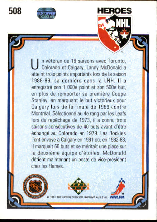 1990-91 Upper Deck French #508 Lanny McDonald HERO back image