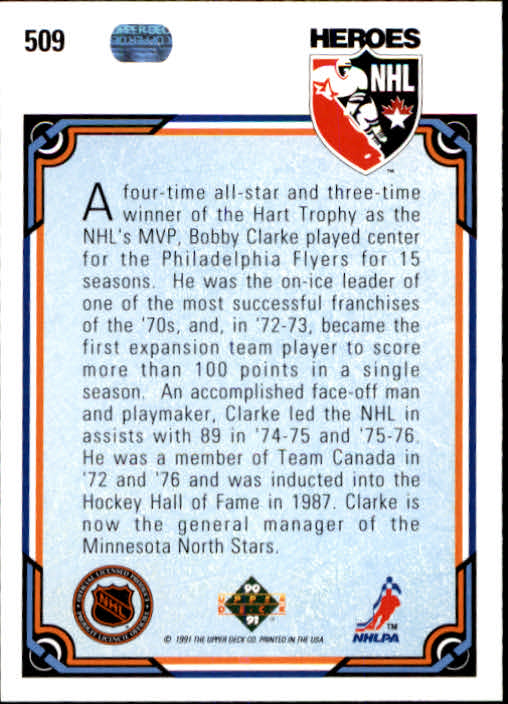 1990-91 Upper Deck #509 Bobby Clarke HERO back image