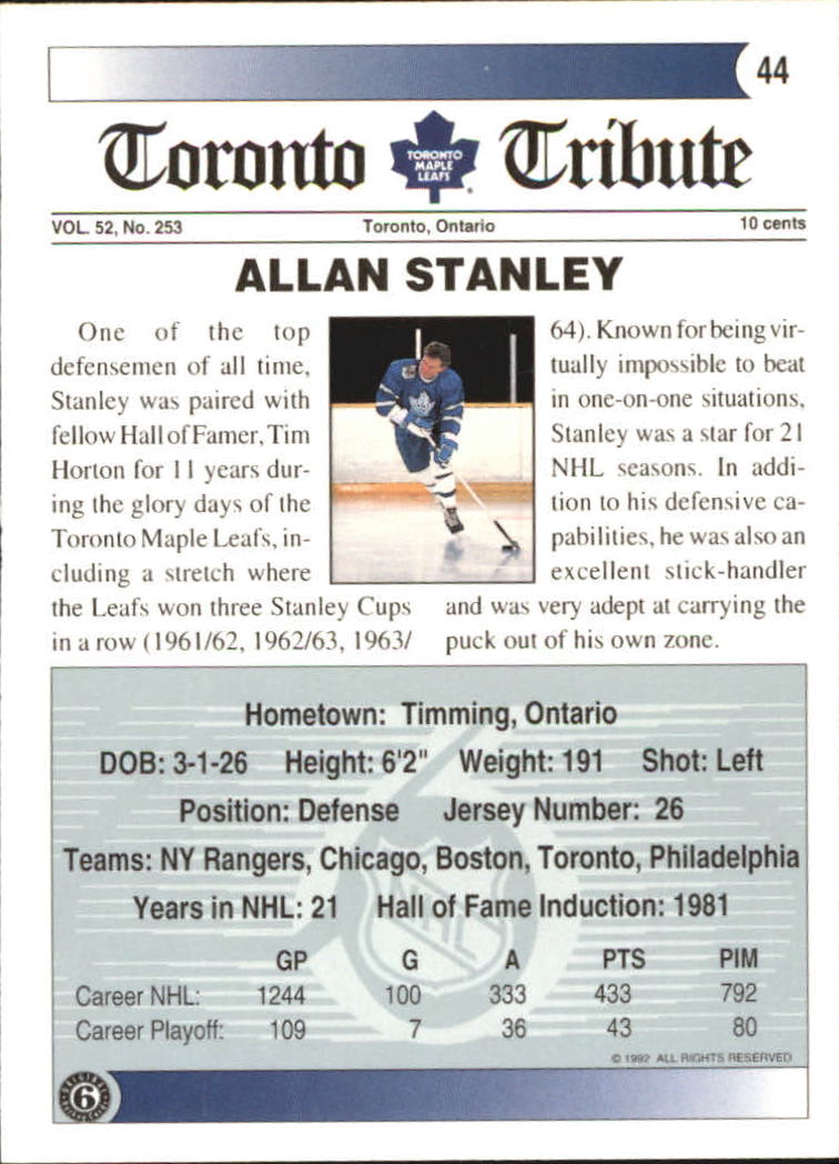 1991-92 Ultimate Original Six #44 Allan Stanley back image