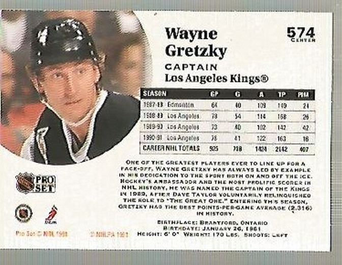 1991-92 Pro Set #574 Wayne Gretzky CAP back image