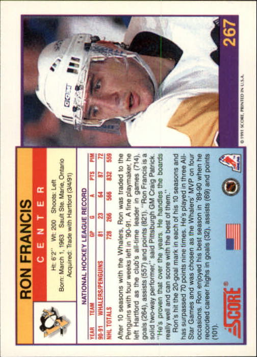 1991-92 Score American #267 Ron Francis back image