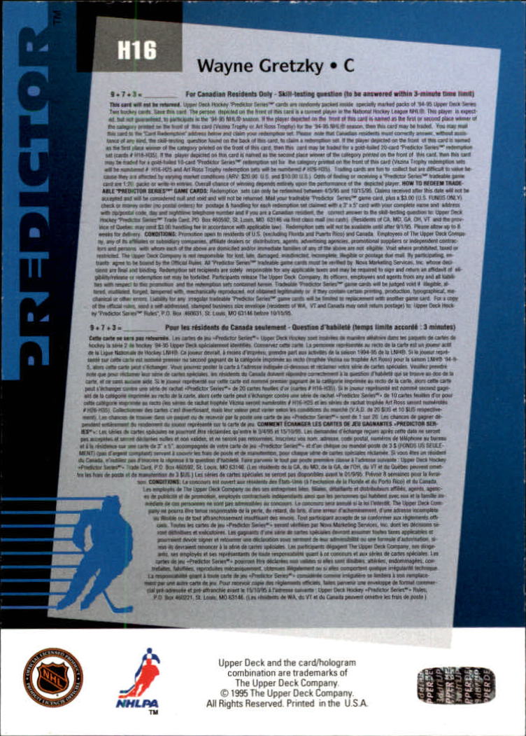 1994-95 Upper Deck Predictor Hobby #H16 Wayne Gretzky back image