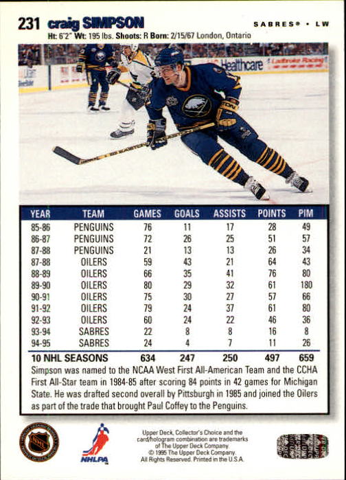 1995-96 Collector's Choice #231 Craig Simpson back image