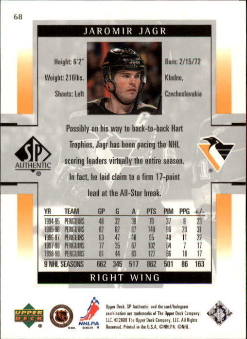 1999-00 SP Authentic #68 Jaromir Jagr back image