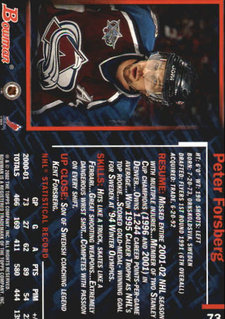 2001-02 Bowman YoungStars #73 Peter Forsberg back image