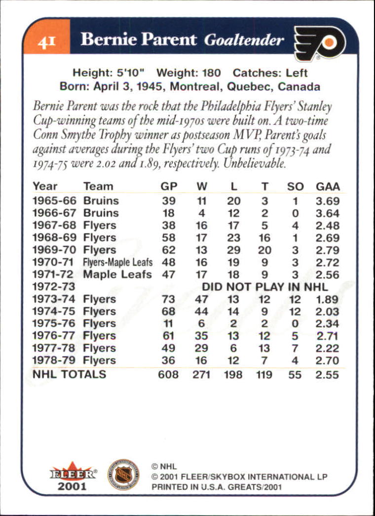 2001-02 Greats of the Game #41 Bernie Parent back image