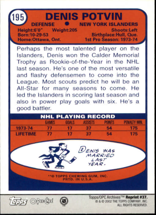 2001-02 Topps Archives #37 Denis Potvin back image