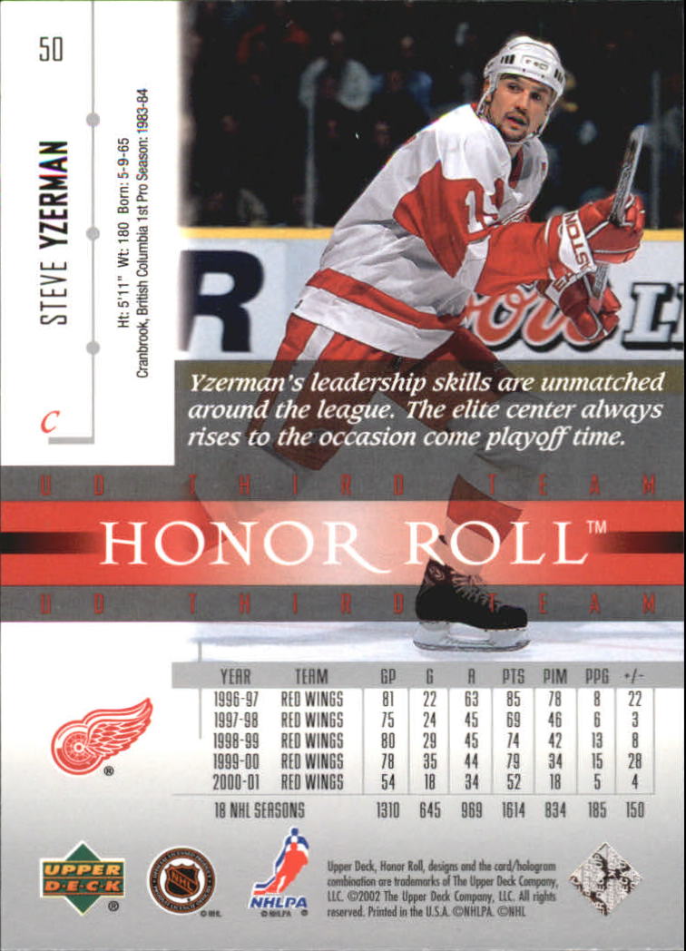 2001-02 Upper Deck Honor Roll #50 Steve Yzerman back image