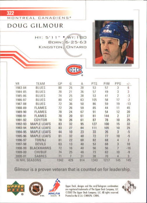 2001-02 Upper Deck #322 Doug Gilmour back image