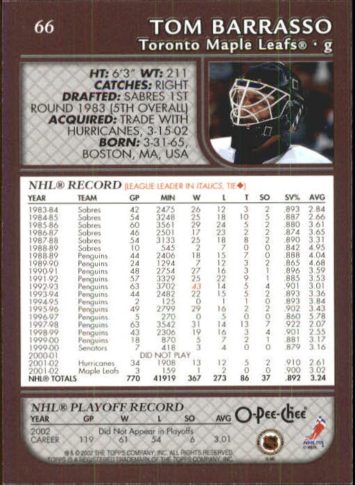 2002-03 O-Pee-Chee #66 Tom Barrasso back image