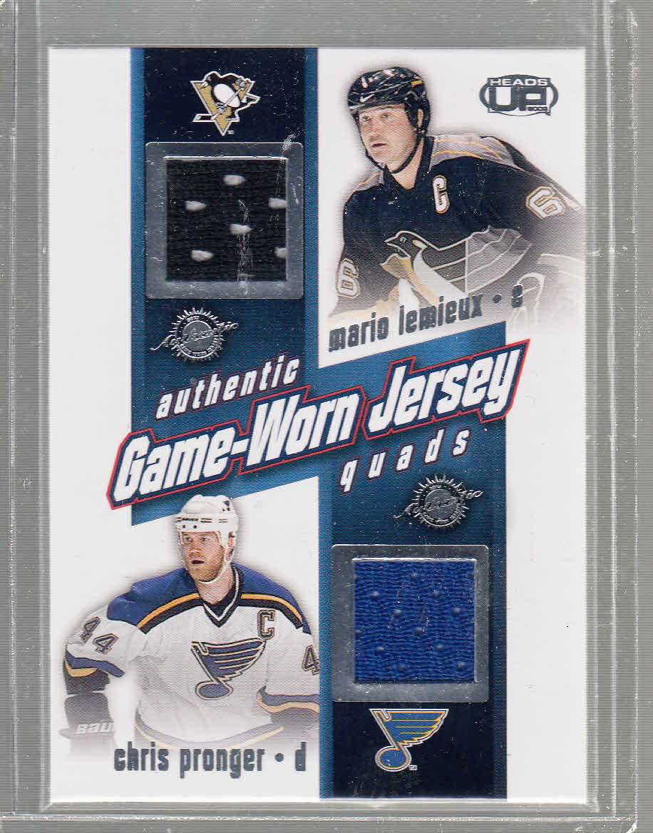 2002-03 Pacific Heads Up Quad Jerseys #28 Mario Lemieux/Chris Pronger/Martin Brodeur/Curtis Joseph