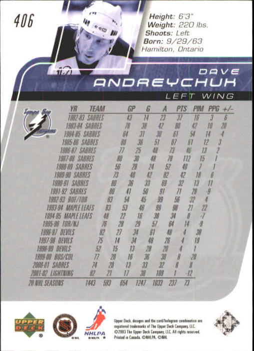 2002-03 Upper Deck #406 Dave Andreychuk back image