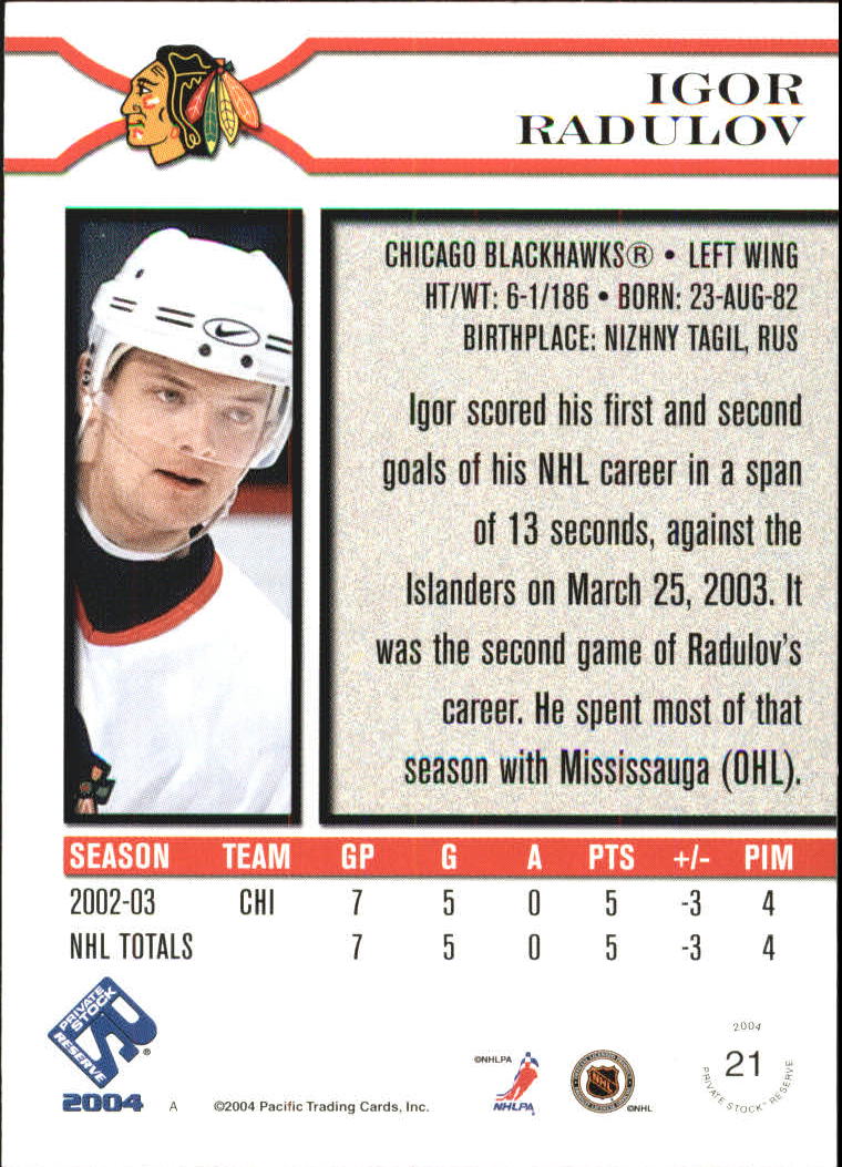 reserve retail #21 igor radulov     front     back sport: hockey