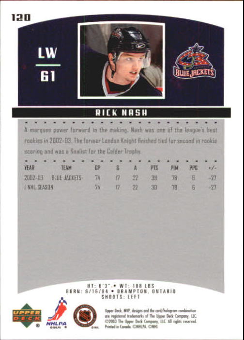 2003-04 Upper Deck MVP #120 Rick Nash back image