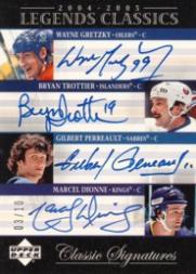 2004-05 UD Legends Classics Signatures #QC4 Wayne Gretzky/Bryan Trottier/Gilbert Perreualt/Marcel Dionne