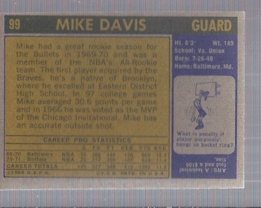 1971-72 Topps #99 Mike Davis DP back image