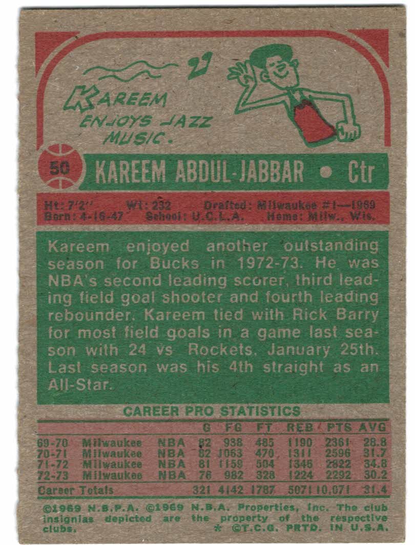 1973-74 Topps #50 Kareem Abdul-Jabbar AS1 back image