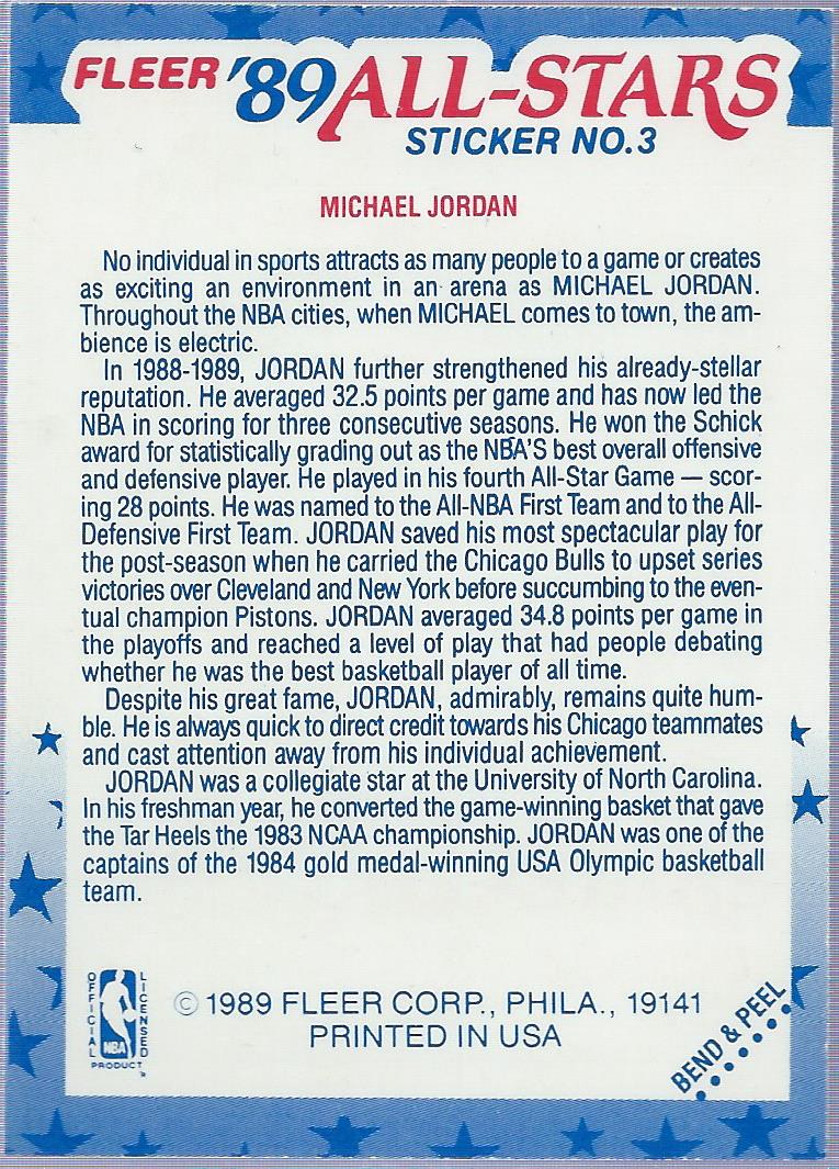 1989-90 Fleer Stickers #3 Michael Jordan back image