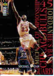 1995-96 Collector's Choice Jordan He's Back #M5 Michael Jordan/Playoffs versus Orlando/Switch to #23