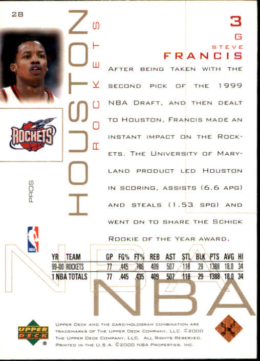 2000-01 Upper Deck Pros and Prospects #28 Steve Francis back image