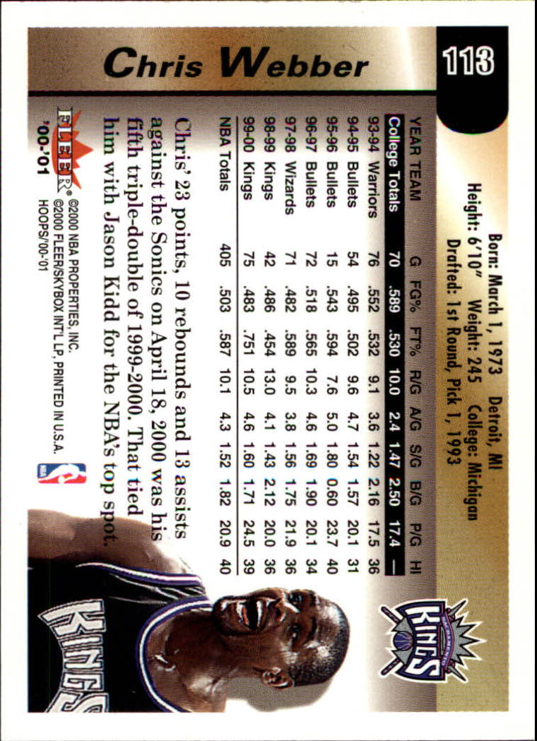 2000-01 Hoops Hot Prospects #113 Chris Webber back image