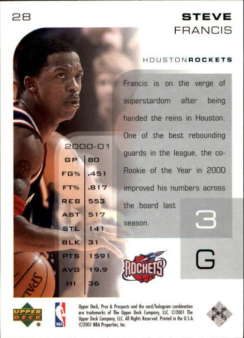 2001-02 Upper Deck Pros and Prospects #28 Steve Francis back image