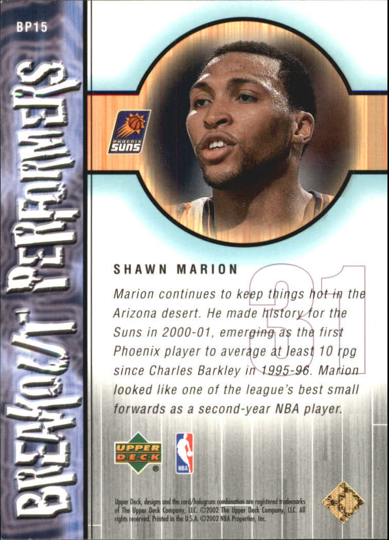 2001-02 Upper Deck Breakout Performers #BP15 Shawn Marion back image