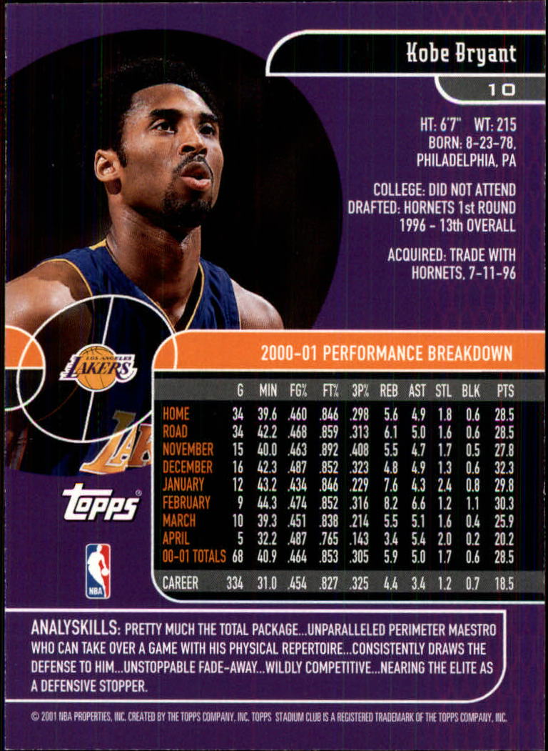 2001-02 Stadium Club #10 Kobe Bryant back image