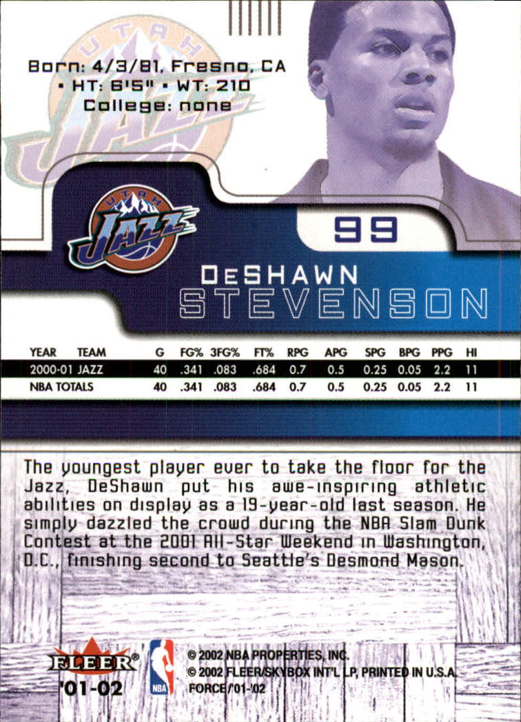 2001-02 Fleer Force #99 DeShawn Stevenson back image