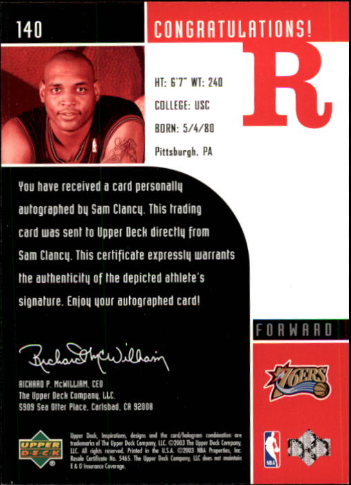 2002-03 Upper Deck Inspirations #140 Sam Clancy AU RC/Julius Erving back image